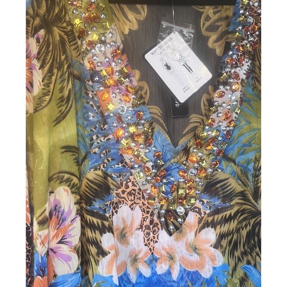 NWT Club Z Collection Large Swim Cover Up Kaftan Dress Floral Animal Beaded - Picture 4 of 10